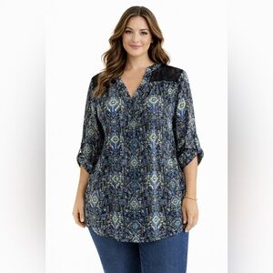 Geometric Patterned Blouse with Lace Detail